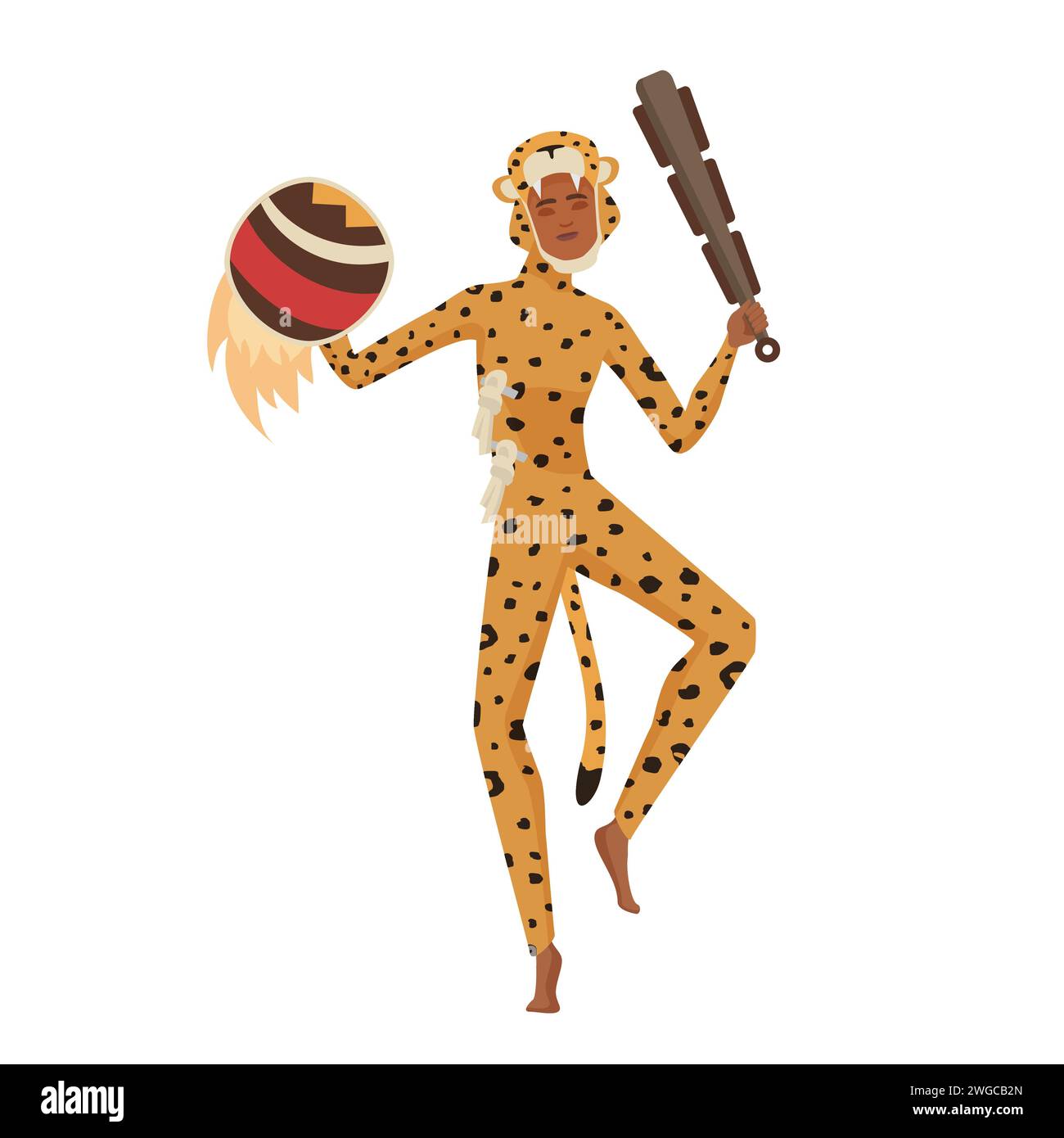 Guerrier aztèque ou chasseur en costume de jaguar avec illustration vectorielle de danse rituelle de club et bouclier Illustration de Vecteur