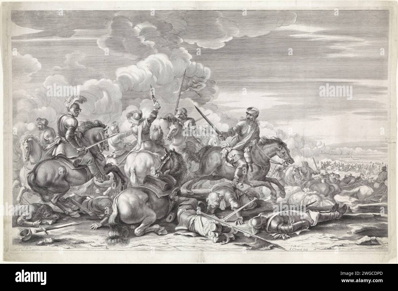 Cavaliavel, Albertus Clouds, al. Jacques courtois le Bourgguigon, 1646 - 1679 imprimer Un champ de bataille. Au premier plan, deux unités de cavalerie combattent une escarmouche. Plusieurs coureurs ont déjà été tués. Bataille de gravure sur papier Rome (+ cavalerie, cavalerie) Banque D'Images