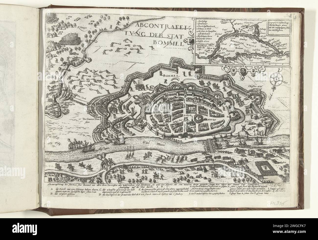 SIEGE Van Bommel, 1599, 1599 - 1601 imprimer Grande présentation du siège de Bommel, aujourd'hui Zaltbommel, par les Espagnols, mi-mai-4 juin 1599. Vue d'ensemble de la ville renforcée, au fond du pont maritime de Maurits sur le Waal, au-dessus d'un pari avec le Bommelerwaard. Avec légende et déclaration des lettres dans le spectacle, en allemand. Non numéroté. Cologne papier gravure victoire, position était Zaltbommel. Bommelerwaard Banque D'Images