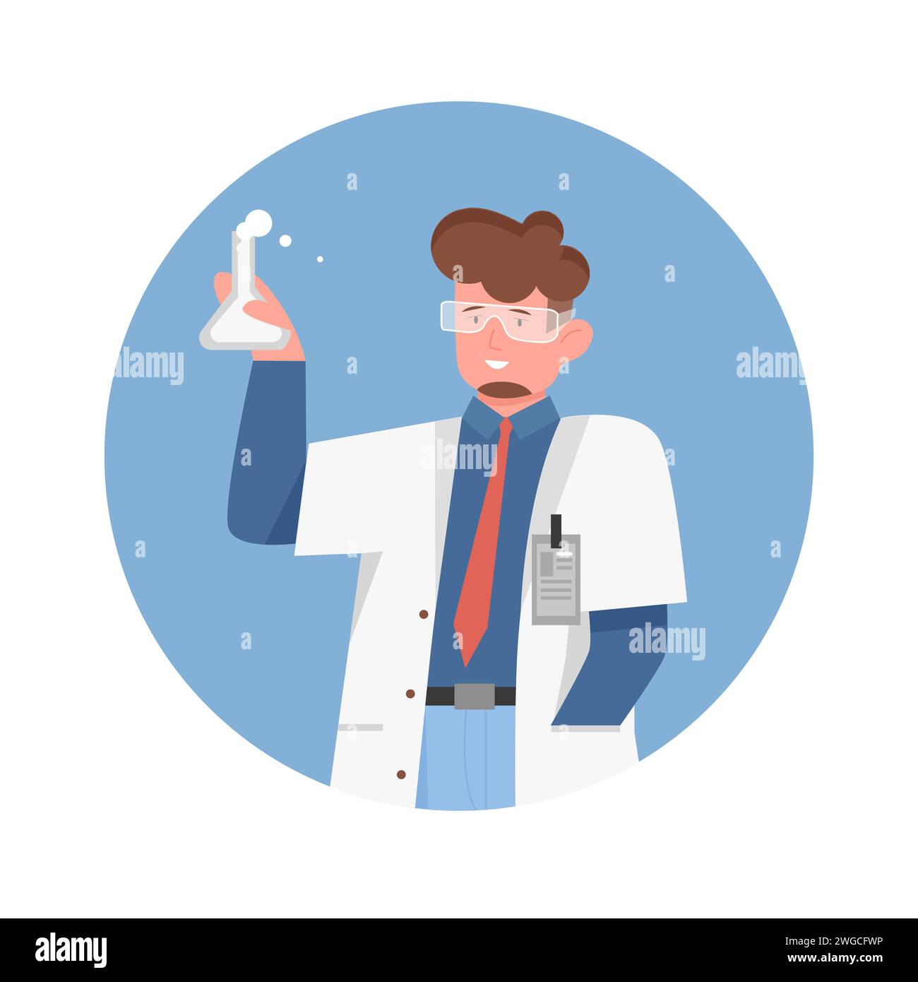 Homme scientifique avec flacon de laboratoire. Chercheur de laboratoire, illustration vectorielle d'expérience de recherche scientifique Illustration de Vecteur