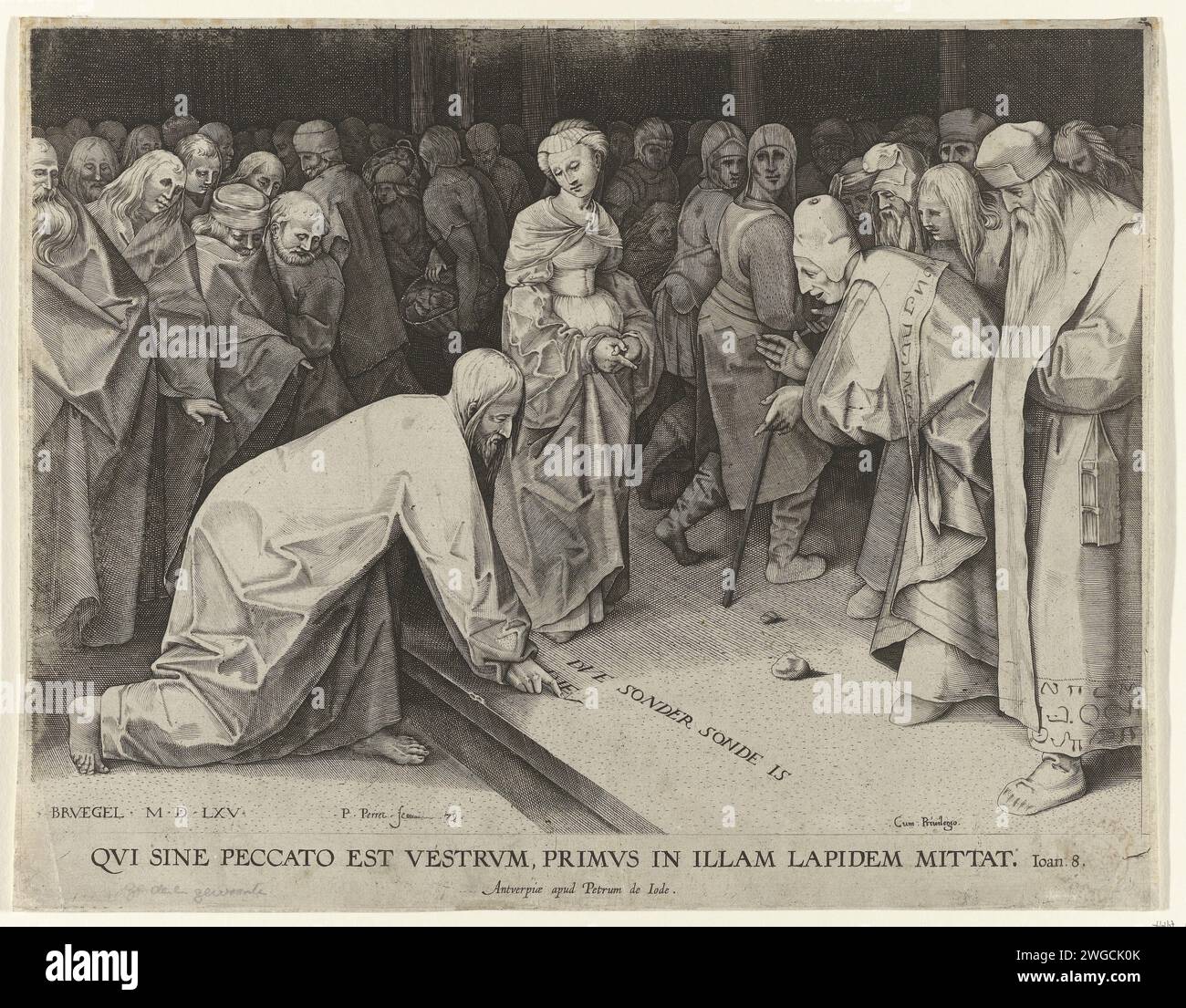 Christ et la femme adultère, Pieter Perret, après Pieter Bruegel (I), 1579 estampe dans le temple, les Pharisiens apportent une femme qui est attrapée adultère en Christ. Les pharisiens demandent ce que Christ pense de la loi de Moïse qui stipule que de telles femmes doivent être lapidées. Christ écrit avec son doigt sur le sol que celui qui est sans péché devrait jeter la première pierre. Sous le spectacle une référence en latin au texte de la Bible en Jean. 8. Anvers gravure sur papier Christ pointe ou écrit sur le sol Banque D'Images