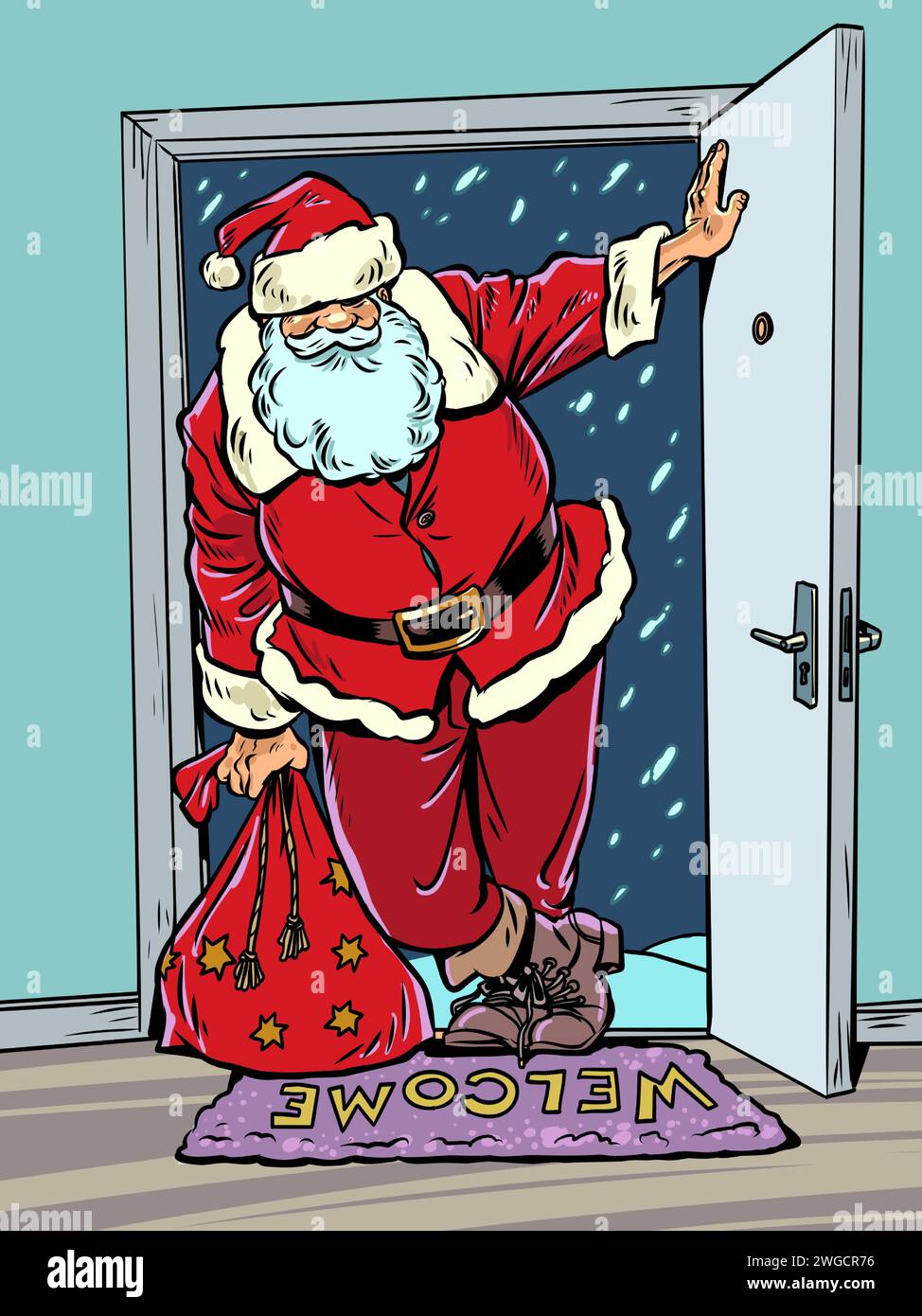 Le prochain Noël arrive dans la maison. Le Père Noël ouvrit la porte respirante de la tempête de neige. Réveillon du nouvel an et livraison de cadeaux partout Illustration de Vecteur