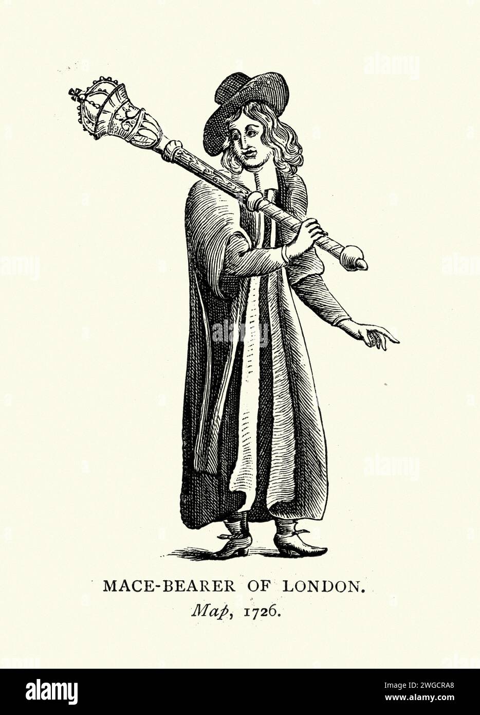 Porteur de masse cérémonielle de Londres, 18e siècle, 1726, costume d'époque de mode, Histoire anglaise Banque D'Images