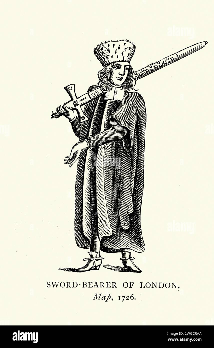 Porteur de cérémonie semé de Londres, 18e siècle, 1726, costume de mode, Histoire anglaise Banque D'Images