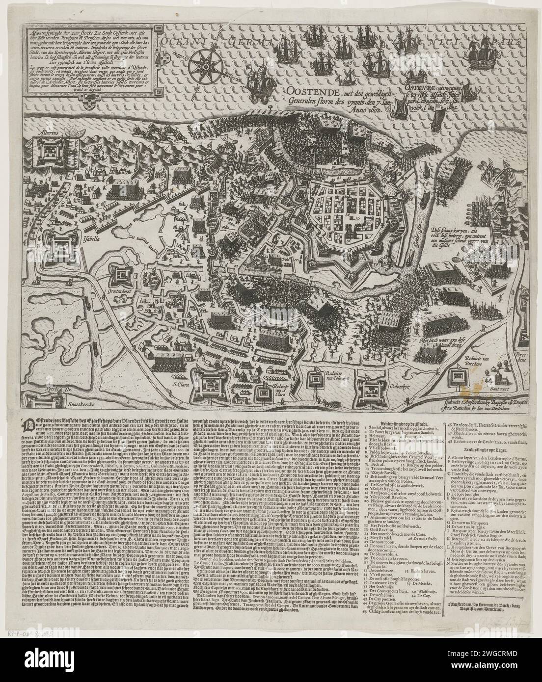 Prise d'Ostende, 1602, 1602 print prise d'Ostende par l'armée espagnole le 7 janvier 1602. Siège d'Ostende sous Albertus et plus tard sous Spinola de 1601 à 1604. Plan de la ville avec le pays environnant avec toutes les défenses et les camps de l'armée des assiégeants. Avec des combats autour de la ville et l'attaque des assiégeants le 7 janvier 1602. En haut à gauche un cartouche avec des titres en néerlandais et en français. Au bas de l'impression, une feuille de texte imprimée séparément est collée avec une description des événements et les légendes 1-48 et A-N en néerlandais. Imprimeur : Northern Netherlandsprinter : Amst Banque D'Images