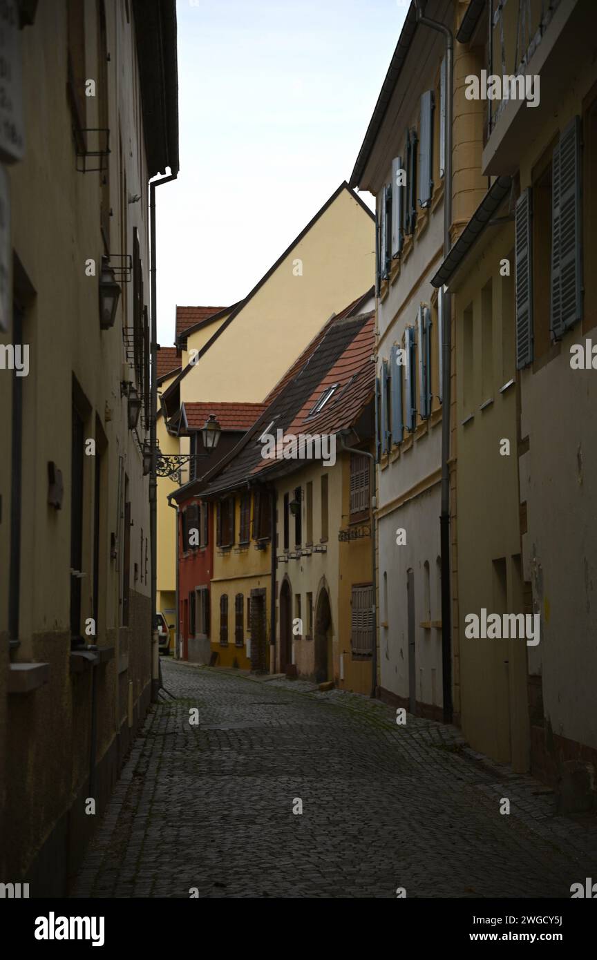 Paysage urbain avec vue panoramique sur les anciens bâtiments alsaciens à colombages à Molsheim, Alsace France. Banque D'Images