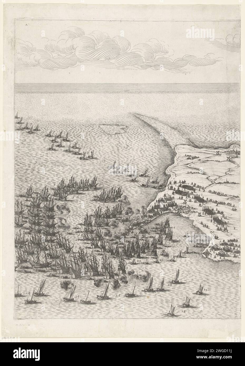 Siège de Saint Martin sur l'Île de Ré, juillet-novembre 1627 (carte centrale, partie en haut à gauche), Jacques Callot, 1629 - 1631 imprimer seizième partie (carte centrale, partie en haut à gauche) d'une estampe du siège de la Citadelle Saint Martin sur l'Île de Ré en 1627, qui a été menée par les troupes anglaises dirigées par le duc de Buckingham et a été terminée par les troupes françaises dirigées par le cardinal de Richelieu. Sur ce magazine la pointe orientale de l'île, sur laquelle de nombreux navires anglais sont assis. Les troupes françaises luttent vers la plage pour résister à l'attaque. Siège de gravure sur papier de Paris. cartes des différents pays ou régions. Banque D'Images