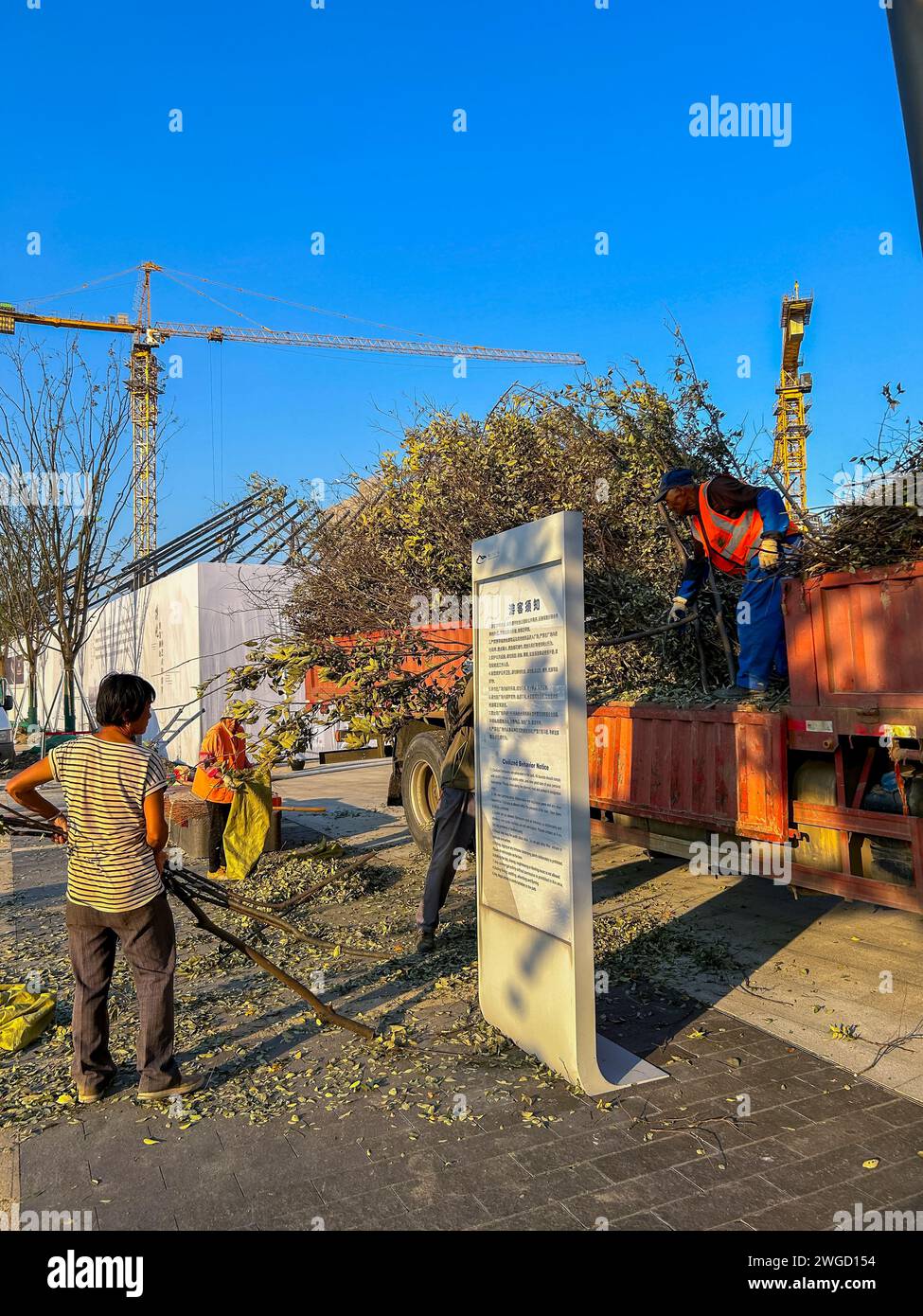 Suzhou, Chine, projet urbain environnemental chinois ,'Suzhou Musem West', chantier de construction, dans le centre-ville, travailleurs migrants à faible revenu, ouvriers, Banque D'Images