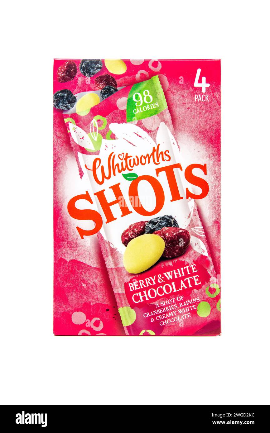 Whitworths Shots Berry & White Chocolate 4x25g. Banque D'Images
