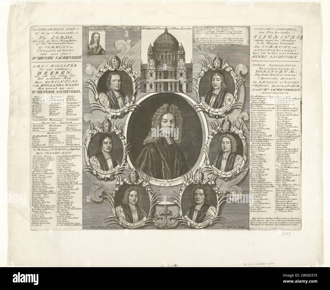 Liste des membres du Parlement qui ont voté pour le Dr Henry Sacerevell, 1710, 1710 imprimer liste des membres du Parlement anglais qui, lors du procès contre le pasteur anglais Henry Sacherevell, ont voté avant lui, février-mars 1710. Au centre, un portrait de Sacheverell entourait six évêques et le front de St. Pauls à Londres. Partie d'un groupe de caricatures individuelles sur Louis XIV pendant la guerre de succession d'Espagne, ca. 1701-1713. Imprimeur : Amsterdafter print par : England paper graving Saint Paul Cathedral Banque D'Images