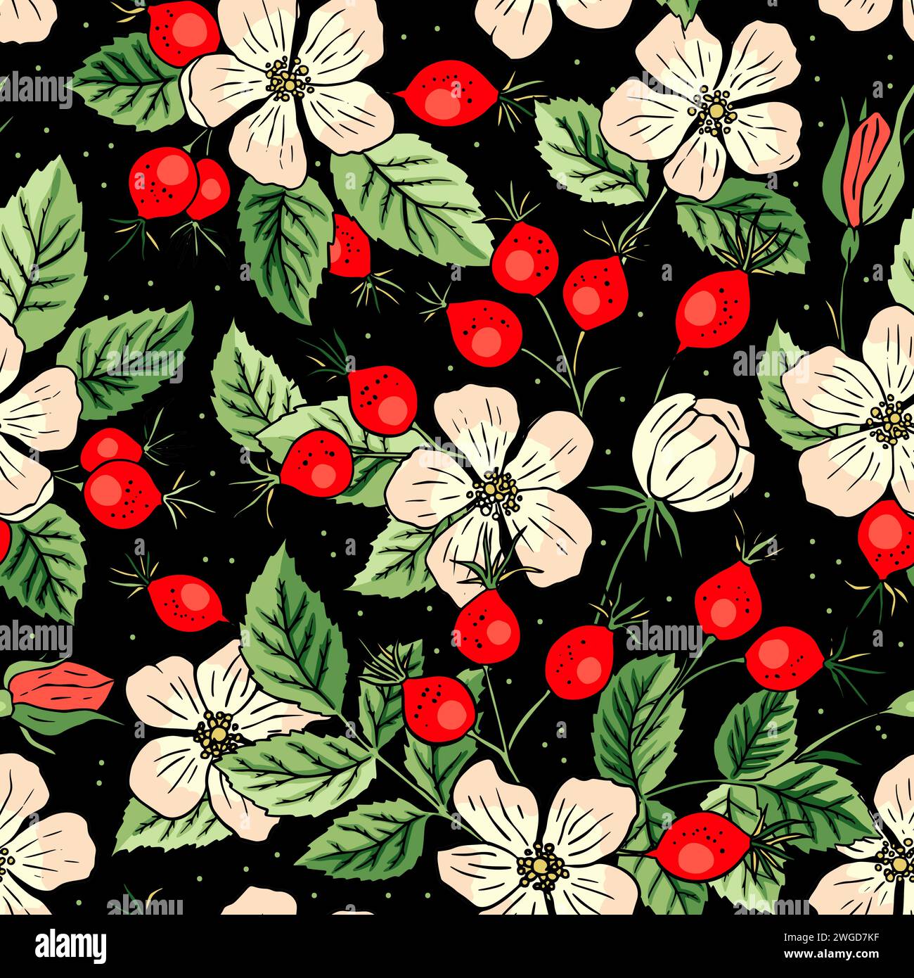 Eglantine Rose Hip Flower et Red Berry Flower fond de modèle vectoriel sans couture. Bouquet de fruits floraux d'automne illustration de jardin forestier frais Illustration de Vecteur