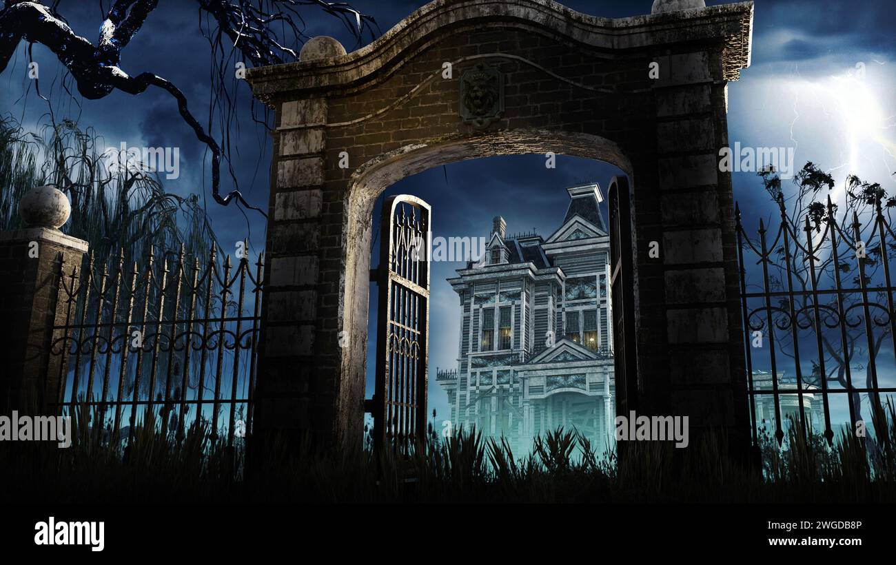 Murmures dans la tempête : une porte envoûtante à travers laquelle nous voyons une vieille maison victorienne dans un orage, rendu 3D. Banque D'Images