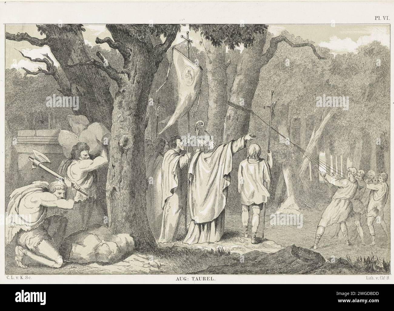 Boniface a la coupe de la forêt Sainte, ca. 740, 1853 - 1861 imprimer Boniface le laisse couper pour la Holy Forest allemande, ca. 740. Destruction des idoles païennes sur papier des pays-Bas. Le martyr Boniface, 'apôtre de l'Allemagne', et archevêque de Mayence ; attributs possibles : hache en racine d'arbre, livre percé d'une épée, fontaine (jaillissant sous son bâton), fouet Banque D'Images