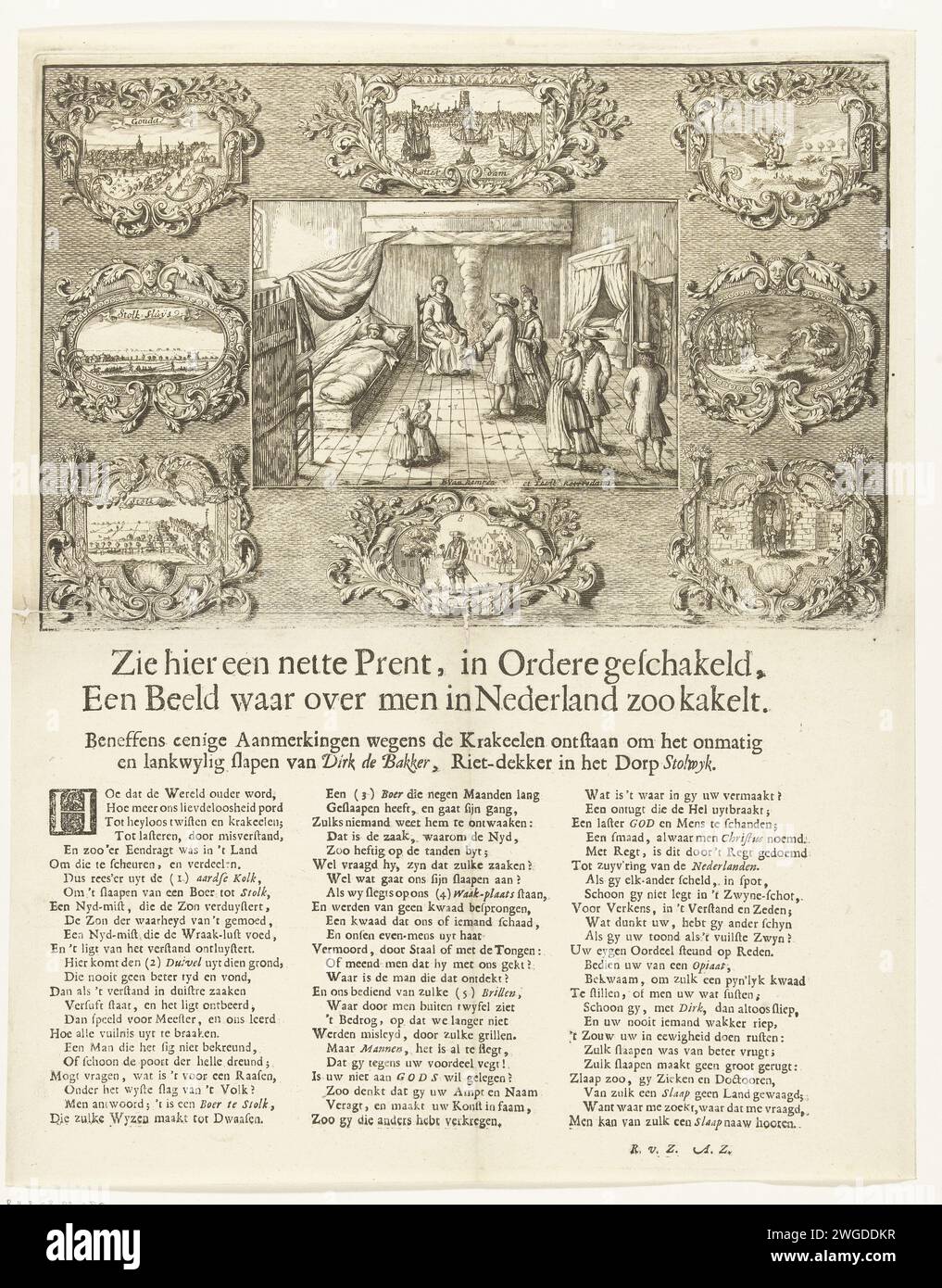 Le fermier endormi de Stolwijk, 1707, 1707 imprimer le fermier endormi de Stolwijk, ou le soi-disant fermier dormant de Stolk. Dirk Klaasz de Bakker a dormi du 29 juin 1706 au 11 janvier 1707 (27 semaines) et après s'être réveillé endormi à nouveau jusqu'au 15 mars 1707. Centralement le lit avec l'homme endormi avec quelques visiteurs. Cette performance est entourée de huit scènes plus petites avec des paysages urbains et des emblèmes. Imprimé sur la feuille sous la plaque un frais en 3 colonnes. Rotterdam papier gravure / impression typographique dormir dans le lit Stolwijk Banque D'Images