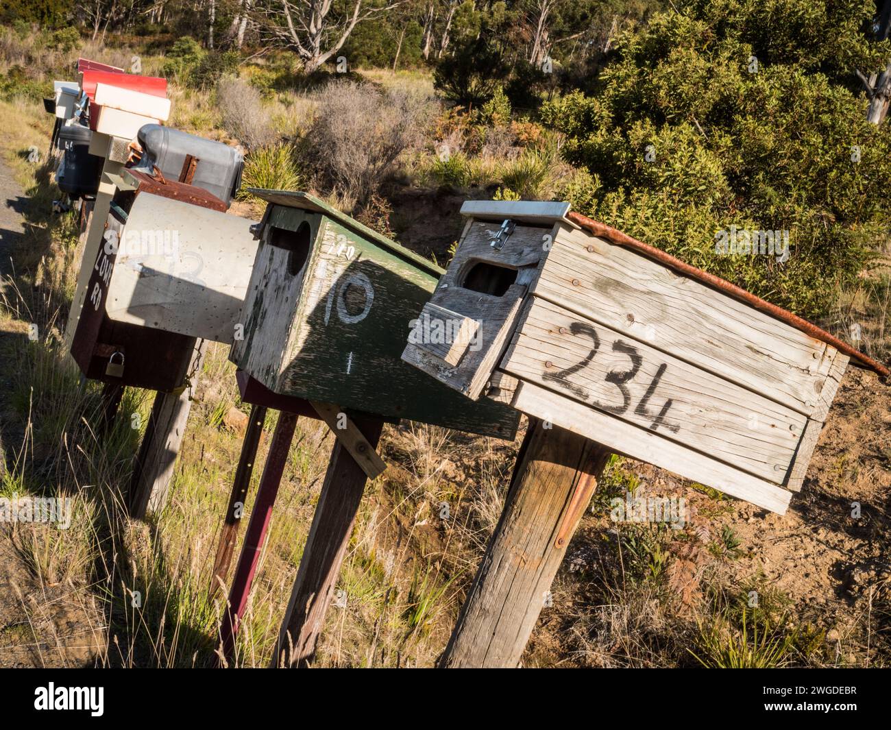 Boîtes aux lettres rustiques à Bruny Island, Tasmanie Banque D'Images