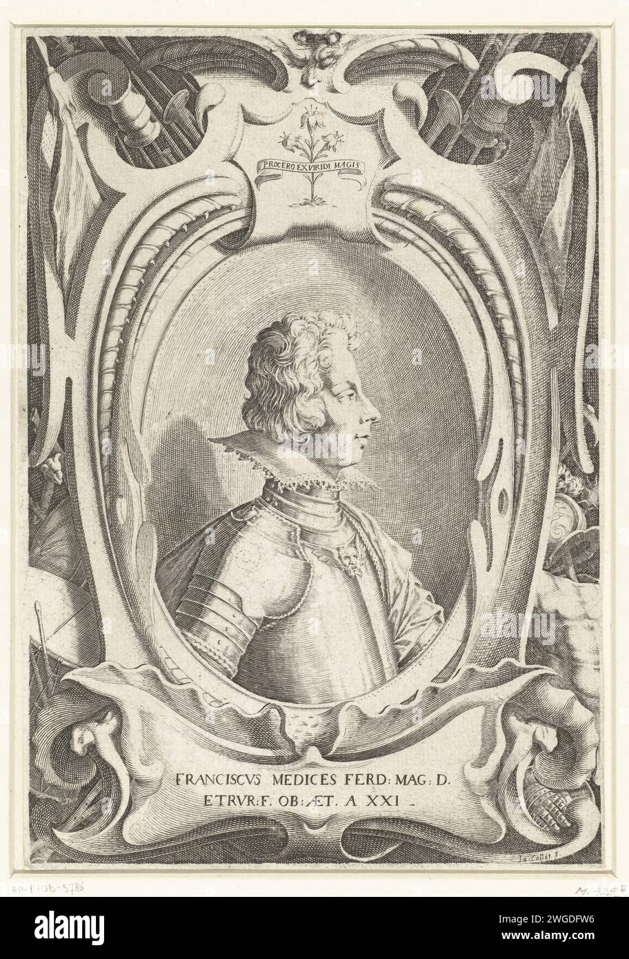 Portreret Van via Medici, Jacques Callot, 1614 tirage Portrait de Francesco II de 'Medici, en harnais, vu à droite. Autour du portrait ovale, un bord ornemental avec inscription (devise) et légende ; en arrière-plan, armes. Armes de gravure sur papier Florence. personnages historiques. armure Banque D'Images