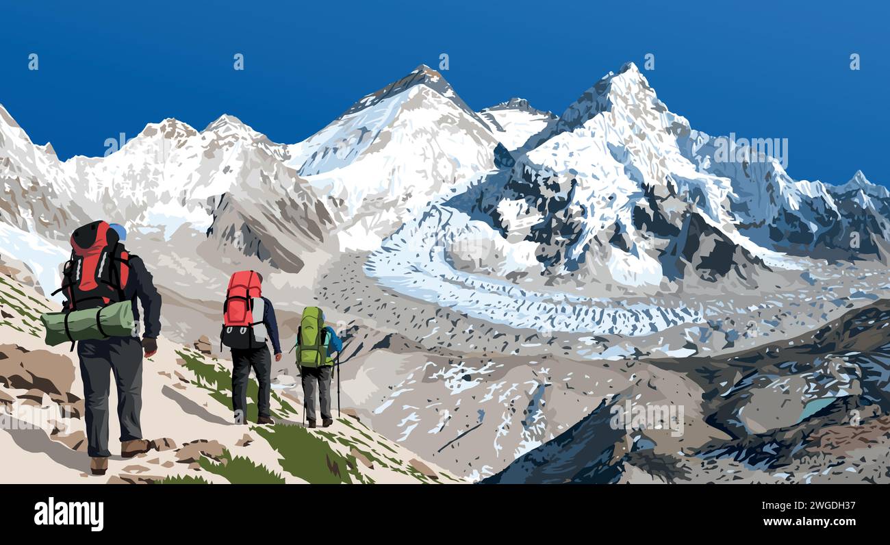 Mont Everest Lhotse et Nuptse du côté du Népal vu du camp de base de Pumori avec trois randonneurs, illustration vectorielle, Mont Everest 8848 m, vallée de Khumbu Illustration de Vecteur