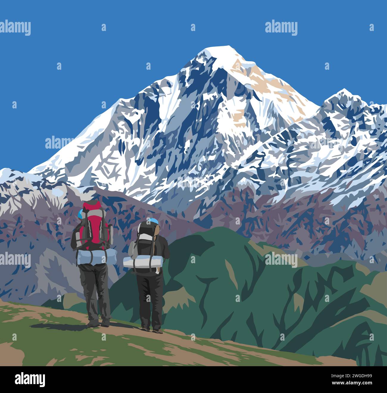 Mont Dhaulagiri pic du col de Jaljala et deux randonneurs avec de grands sacs à dos illustration vectorielle, Népal montagnes de l'Himalaya Illustration de Vecteur