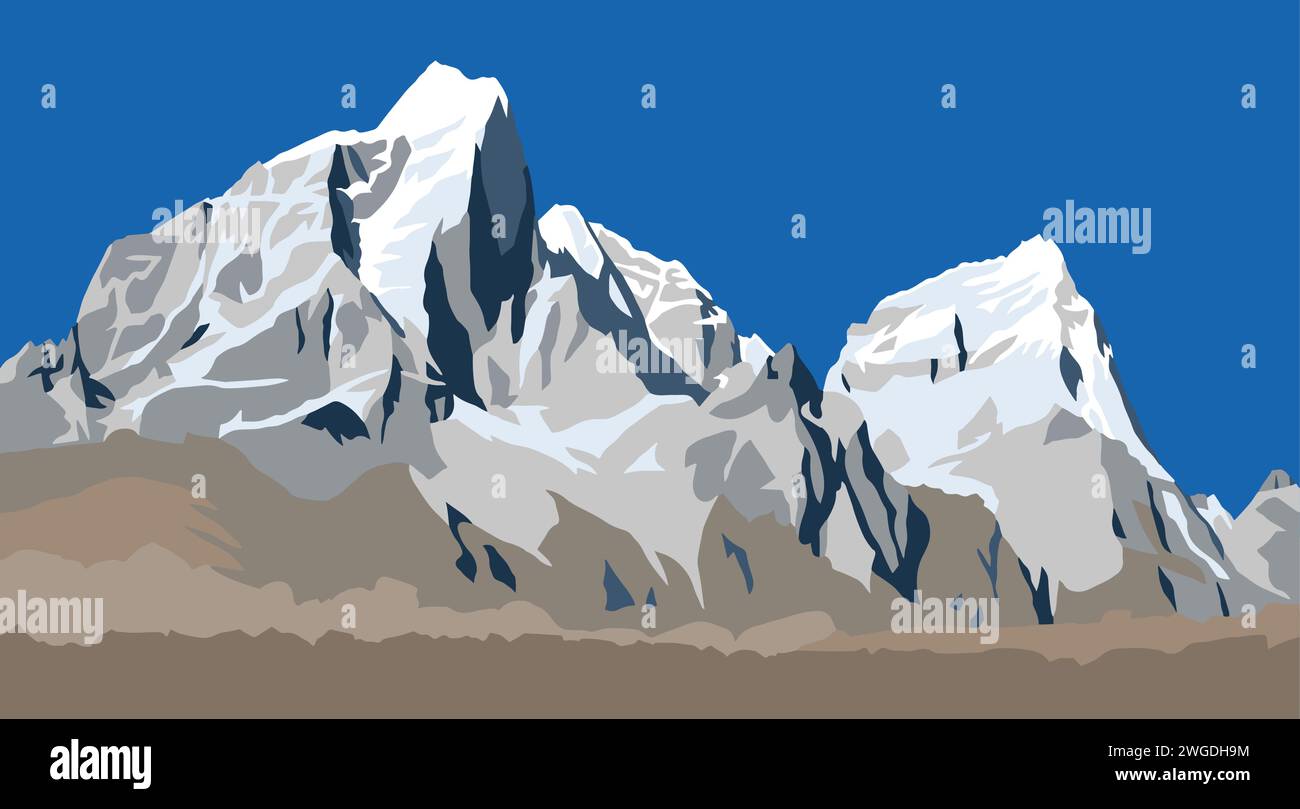 Illustration des monts Cholatse et Tabuche pic vu du chemin vers le camp de base du mont Everest, Népal illustration des vecteurs des montagnes de l'Himalaya Illustration de Vecteur
