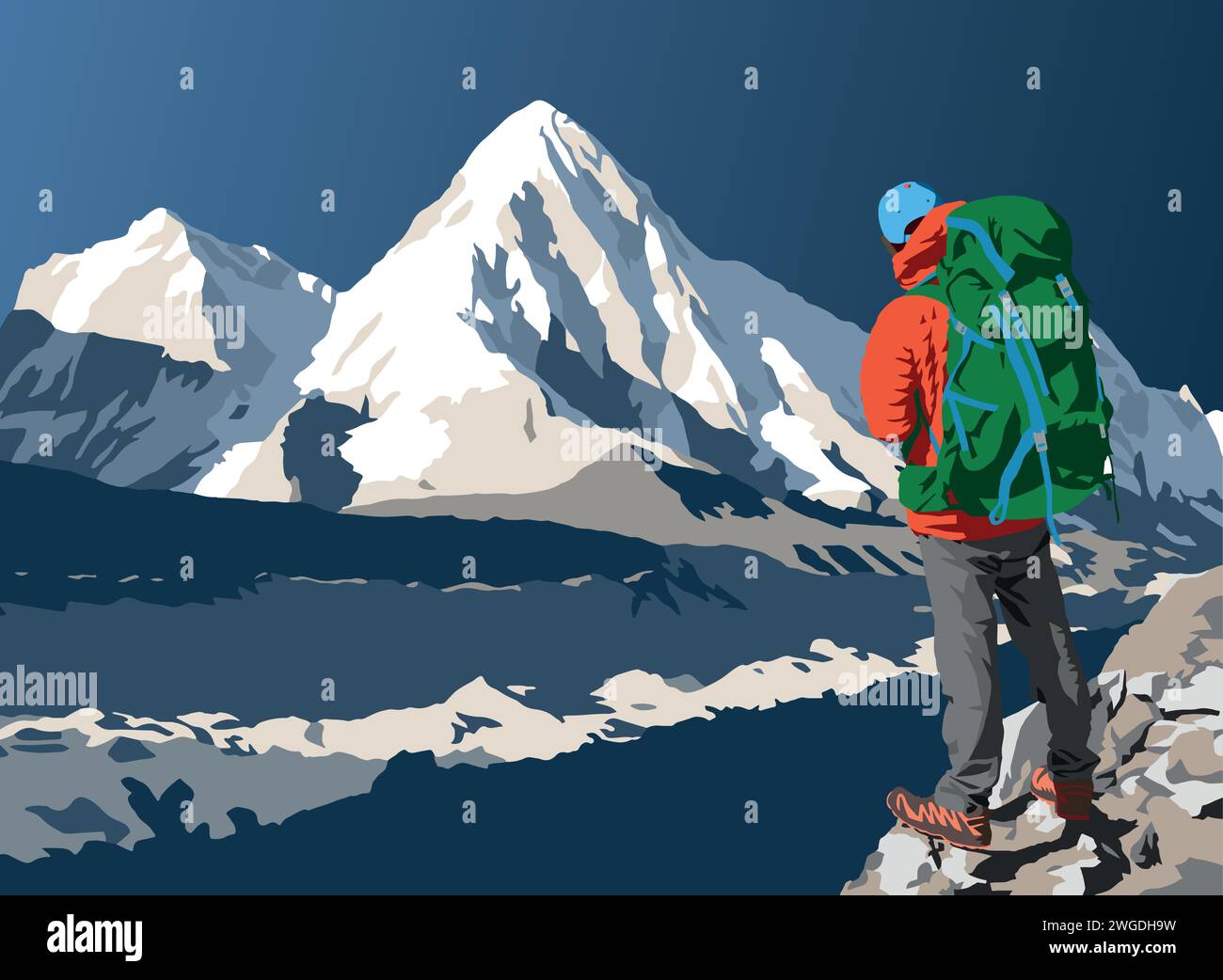 Glacier de Khumbu, sommet du mont Pumori et randonneur sur le chemin du camp de base du mont Everest, illustration vectorielle, vallée de Khumbu Illustration de Vecteur