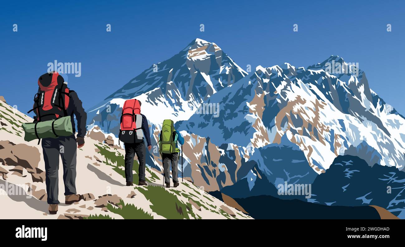 Mont Everest et Lhotse vu de la vallée de gokyo avec trois randonneurs, illustration vectorielle, Mont Everest 8 848 m, vallée de Khumbu, Népal montagne Himalaya Illustration de Vecteur