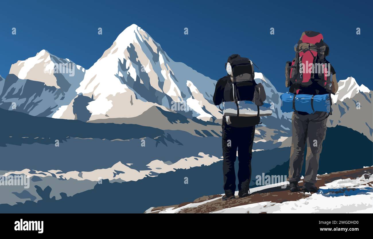 Glacier de Khumbu, sommet du mont Pumori et deux randonneurs sur le chemin du camp de base du mont Everest, illustration vectorielle, vallée de Khumbu, parc national de Sagarmatha Illustration de Vecteur