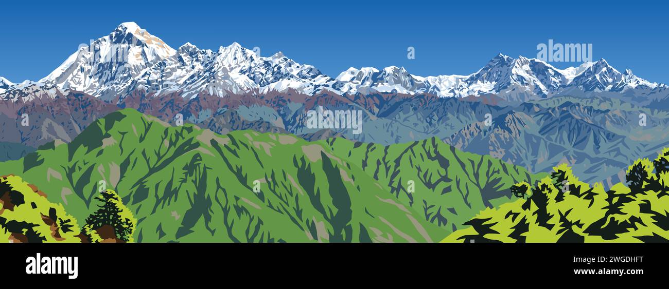 Mont Dhaulagiri et Mont Annapurna pics vus du passage de Jaljala illustration vectorielle, Népal montagnes de l'Himalaya Illustration de Vecteur