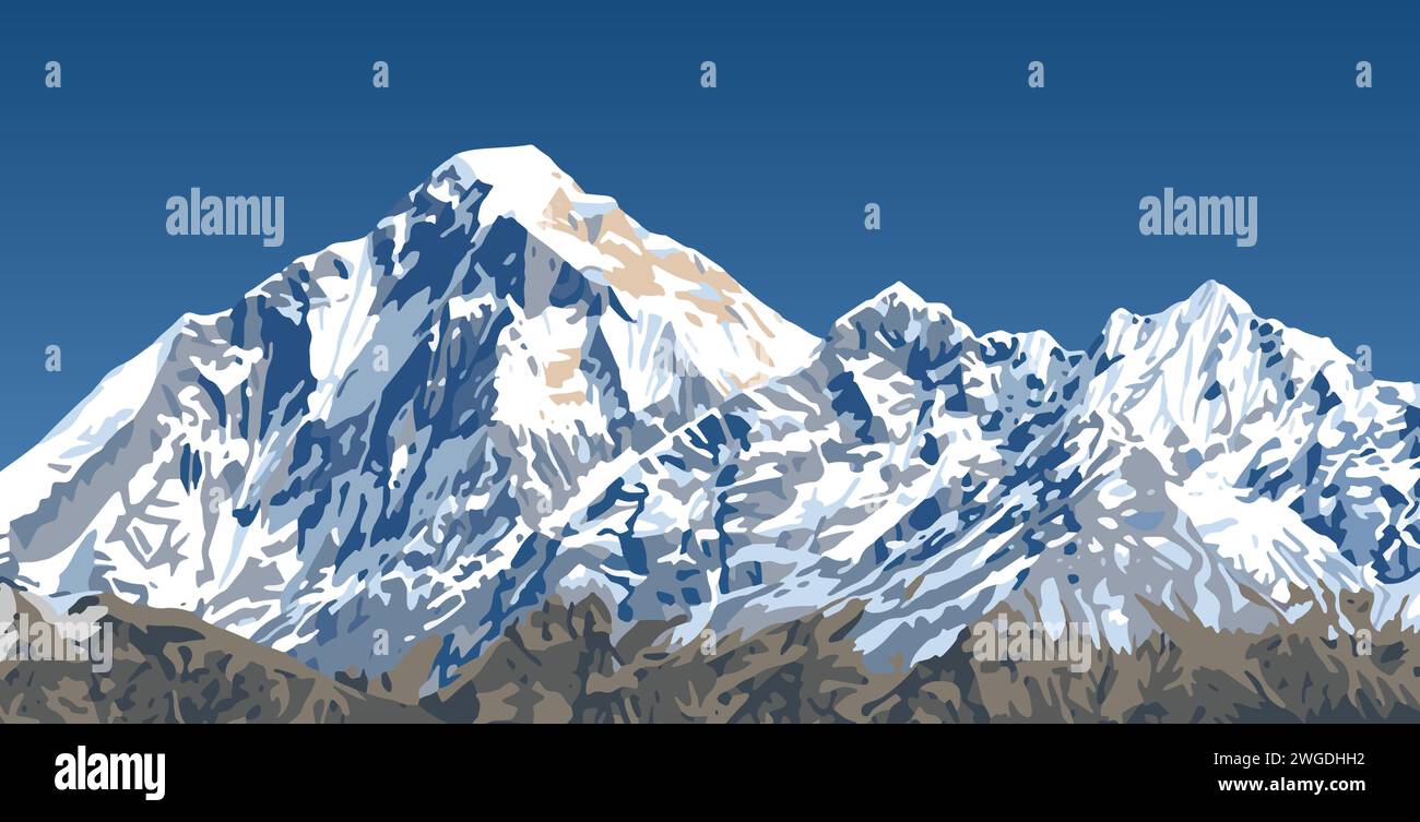 Pic du mont Dhaulagiri vu du passage de Jaljala illustration vectorielle, montagnes de l'Himalaya du Népal Illustration de Vecteur