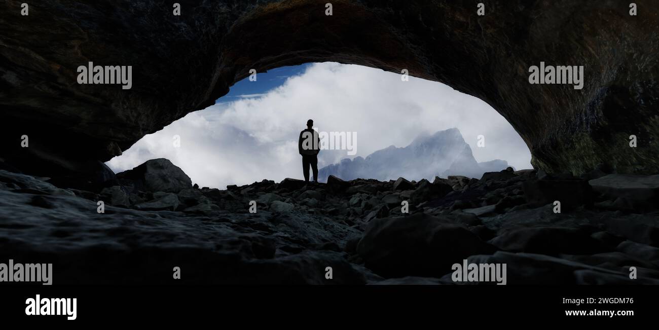 Homme aventureux randonneur debout dans la grotte avec nuage spectaculaire et vue sur la montagne enneigée. Adventure composite. Pic de rendu 3D. Scène de nuit dramatique. Banque D'Images