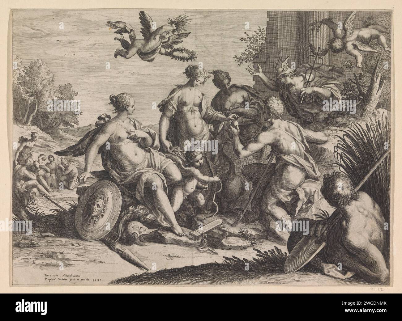 Jugement de Paris, Raphaël Sadeler (I), d'après Hans von Aachen, 1589 imprimer le Berger Paris au premier plan. Il doit juger les trois plus belles déesses de l'Olympe sur leur beauté : Juno (à droite, avec le paon), Minerve (à gauche, avec bouclier, casque et lance) et Vénus (accompagnée d'Amor). Il donne la pomme d'or à Vénus. Mercure est à côté de Paris. Quelques dieux fluviaux en arrière-plan. Deux putti en l'air. Papier de Cologne gravant le jugement de Paris (Mercure présent). cupidons : 'amores', 'amoretti', 'putti' Banque D'Images