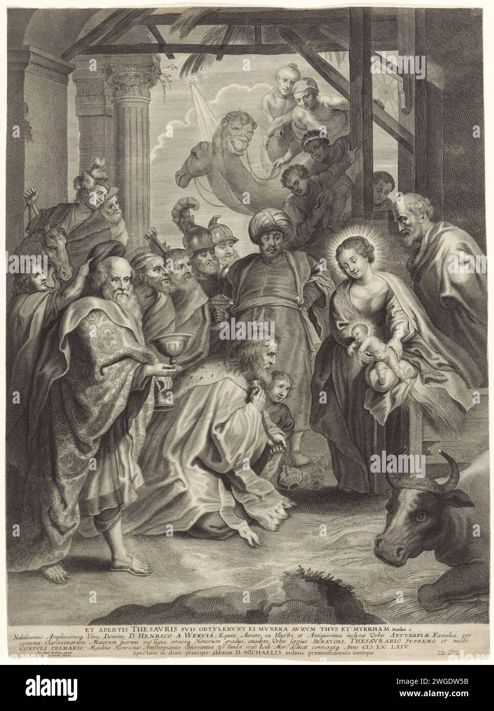 Adoration des rois, Adriaen Lommelin, d'après Pierre Paul Rubens, 1661 - 1684 estampe Marie et Joseph montrent l'enfant Christ aux trois rois. Les trois offrent à l'enfant leurs cadeaux. Les membres de leur entourage surveillent. Anversois gravure sur papier adoration des rois : les Sages présentent leurs dons au Christ-enfant (or, encens et myrrhe) Banque D'Images