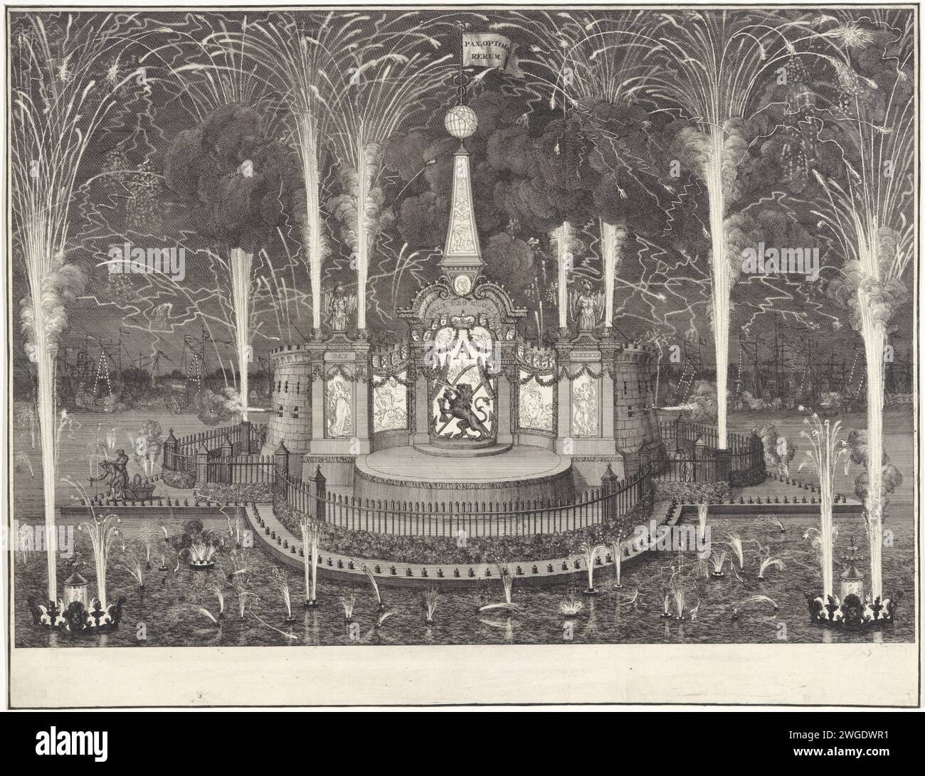 Feux d'artifice à la célébration de la paix d'Utrecht à Rotterdam, 1713, Bernard Picart, d'après F. van Douwe, 1713 échafaudage imprimé avec feux d'artifice commandé par les conseils engagés de l'Amirauté de Rotterdam sur la Meuse dans le port de Rotterdam, 1713. Central un bâtiment en forme de fort avec le Lion hollandais pour les ancres croisées. Avec une marge vide. Nord des pays-Bas gravure sur papier / gravure feu de joie, feu de cheminée (+ illumination, feu de cheminée  activités festives) Rotterdam Banque D'Images