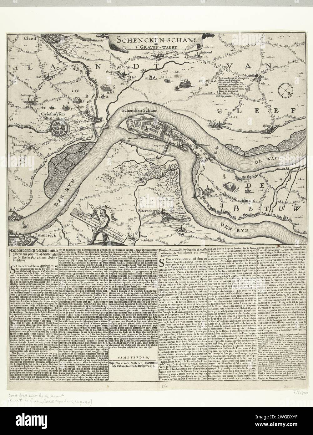 Carte de Schenckenschans assiégée par Frederik Hendrik, 1635, 1635 imprimer carte Schenckhans et la région fluviale assiégée par l'armée d'État dirigée par Frederik Hendrik, août 1635. Une feuille de texte est collée sous la plaque avec une description des événements en 3 colonnes en néerlandais et 3 colonnes en français. En haut à droite de la performance de Legenda 1-10, en dessous d'un pêcheur debout avec l'indication de l'échelle. Amsterdam gravure sur papier / imprimerie typographique siège, guerre de position. Cartes des différents pays ou régions Schenkhans Banque D'Images