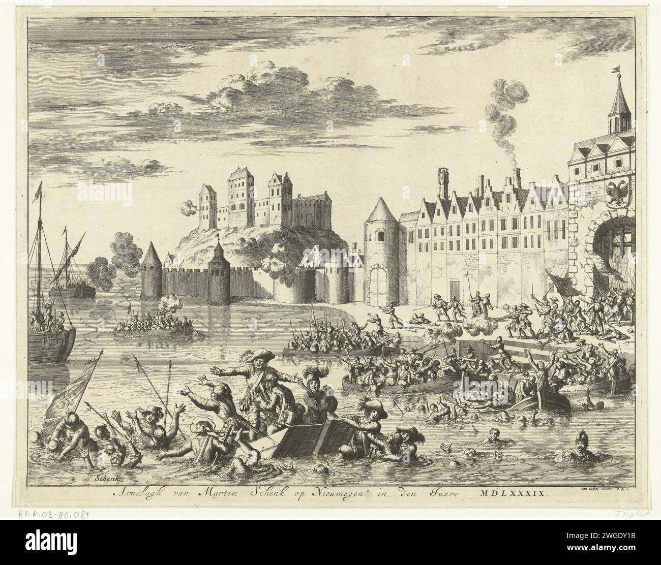 Attaque de Maarten Schenck sur Nimègue, 1589, 1681 imprimer échec attaque par les troupes de Maarten Schenck sur la ville de Nimègue, 10 août 1589. Épisode de la guerre de Keulse. En fuyant la ville, Schenck se noie dans le Waal. Bataille de gravure sur papier d'Amsterdam. Noyade, naufragé Nijmegen Banque D'Images