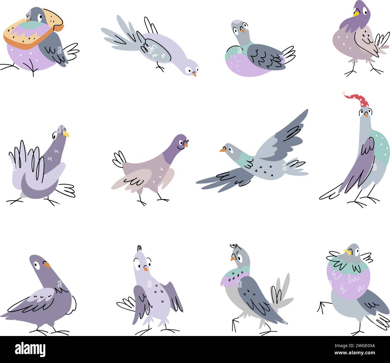 Drôle de pigeon set. Colombe émotionnelle dans diverses poses. Des pigeons de bande dessinée isolés volent, mangent, vont au lit. Personnages vectoriels mignons oiseaux sauvages nowaday Illustration de Vecteur