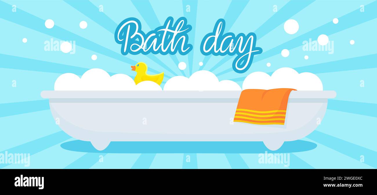 Bannière de jour de bain. Bulles de savon, canard jaune et serviette sur la baignoire. Meubles de salle de bains et accessoires, affiche vectorielle néotérique de dessin animé d'auto-hygiène Illustration de Vecteur