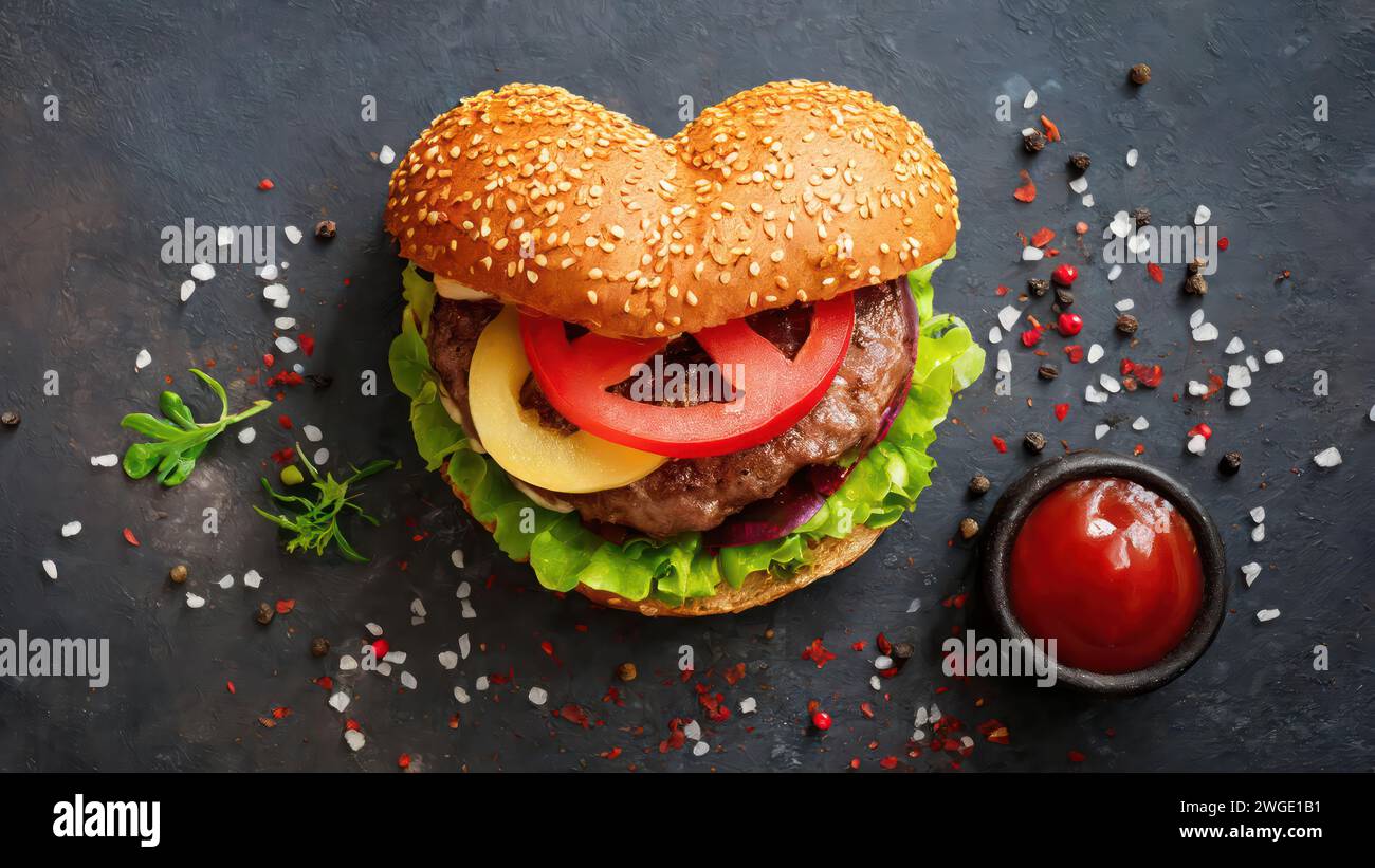 Délicieux hamburger en forme de coeur sur une ardoise grise avec une tasse de ketchup pour la Saint-Valentin Banque D'Images