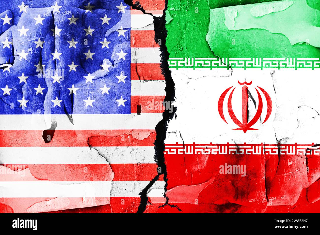 Drapeaux des États-Unis et de l'Iran avec fissure, photomontage Banque D'Images