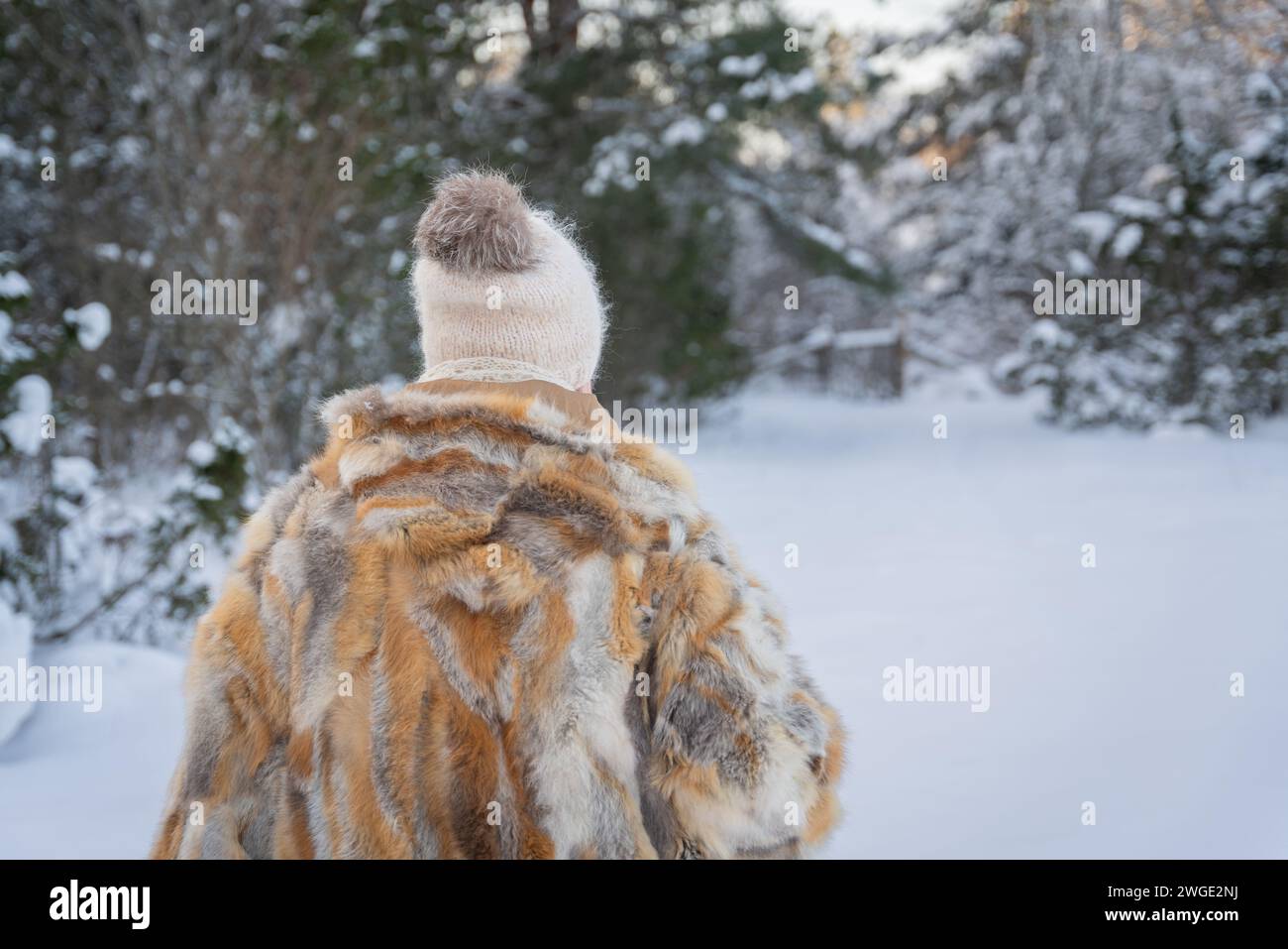 Une femme en promenade. Femme profitant d'une promenade dans le paysage d'hiver pendant le coucher du soleil. Paysage hivernal. Banque D'Images