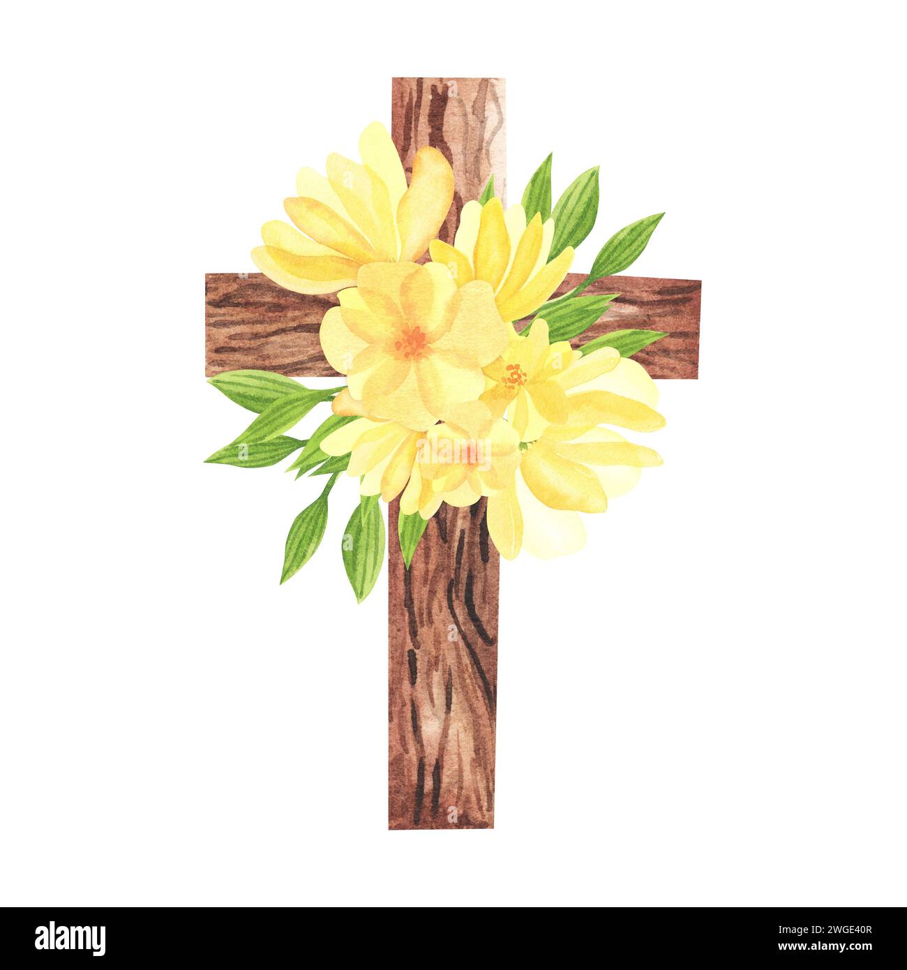 Croix aquarelle avec fleurs jaunes abstraites. Symbole religieux catholique de Pâques. Croix orthodoxe pour église et vacances. Symbole latin du saint et Banque D'Images