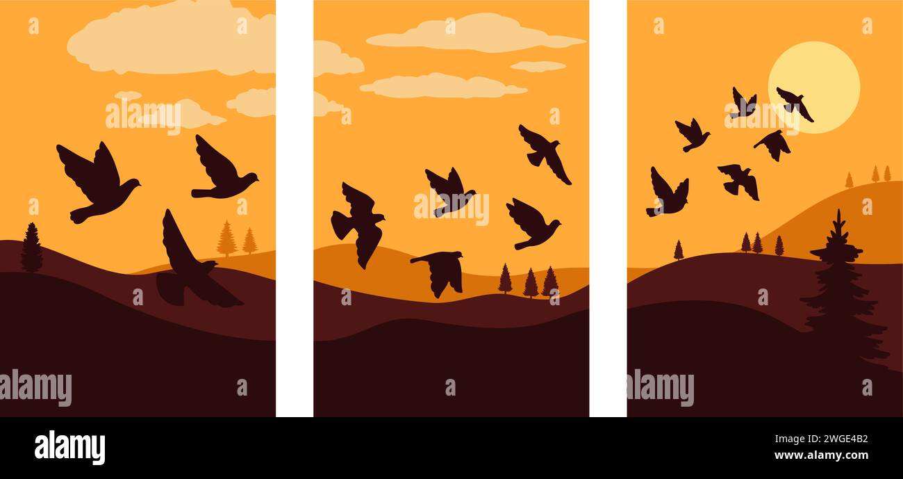 Silhouettes noires d'oiseaux volants sur un fond de nature de silhouette vecteur d'illustration d'arbre de nature noire Illustration de Vecteur