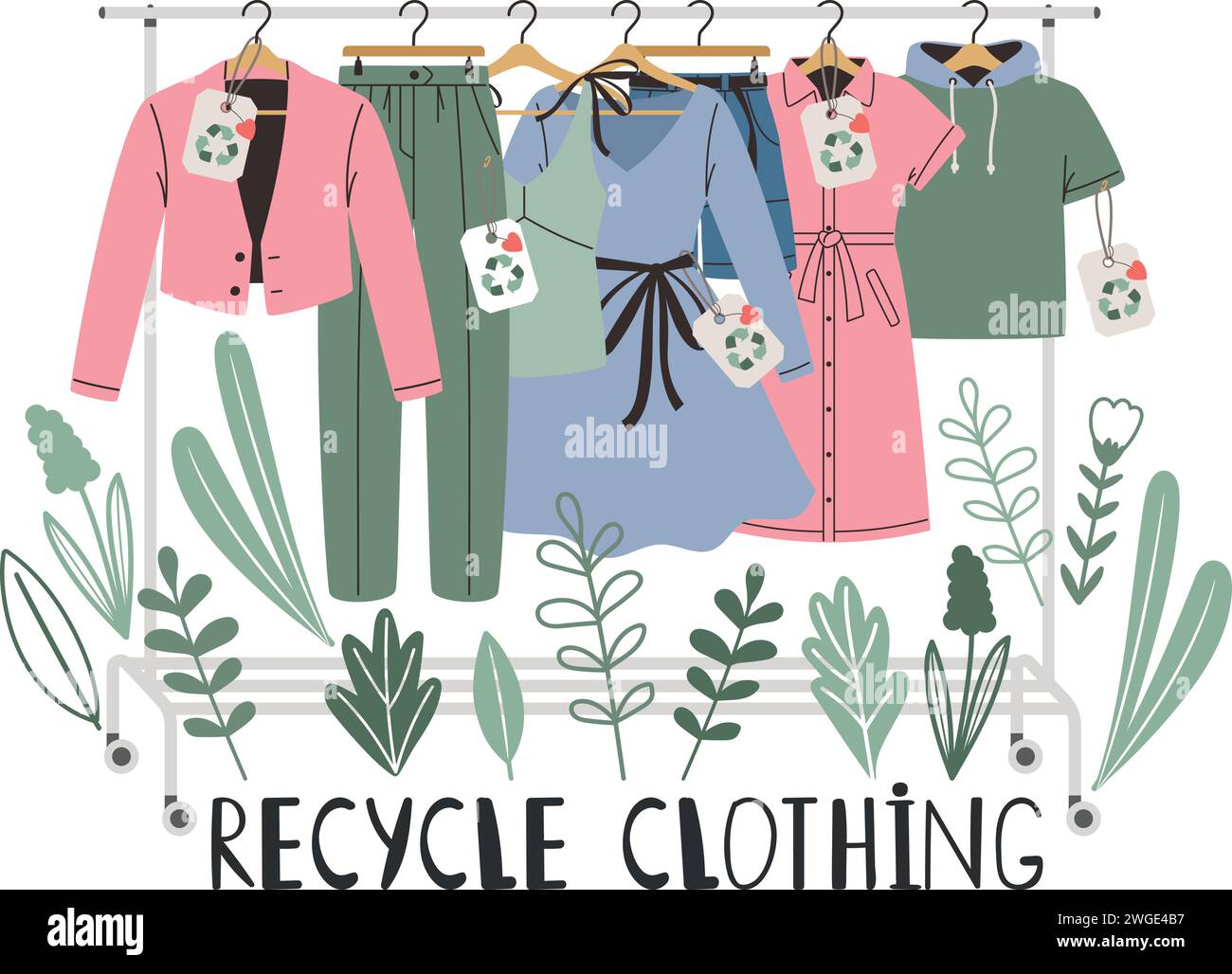 Cintre avec un ensemble de vêtements recyclables. Vecteur de mode de vêtements de recyclage isolé, conception de tissu pour le recyclage illustration Illustration de Vecteur