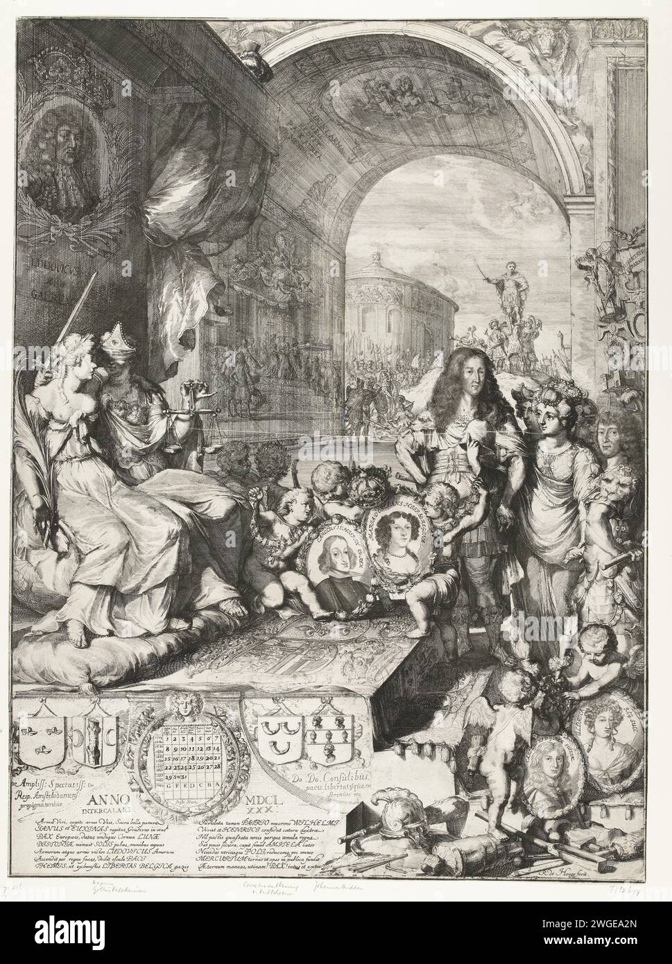 Allégorie des événements de l'année 1680, 1680 - 1681 imprimer allégorie des événements de l'année 1680. Centre droit Guillaume III et Hendrik Casimir II Dans les portraits médaillons de Karel II d'Espagne avec sa femme et Karel Xi van Zweden avec sa femme, tous deux mariés en 1680. En arrière-plan l'élévation sur un bouclier d'un prince, par la présente le temple de Janus avec des portes ouvertes. Gauche la paix et la justice. Au bas de la mission et les armes de quatre maires d'Amsterdam Louys Trip, Gillis Valckenier, Cornelis de Vlaming van Oudtshoorn et Johannes Hudde. Symboles de gravure sur papier du nord des pays-Bas Banque D'Images