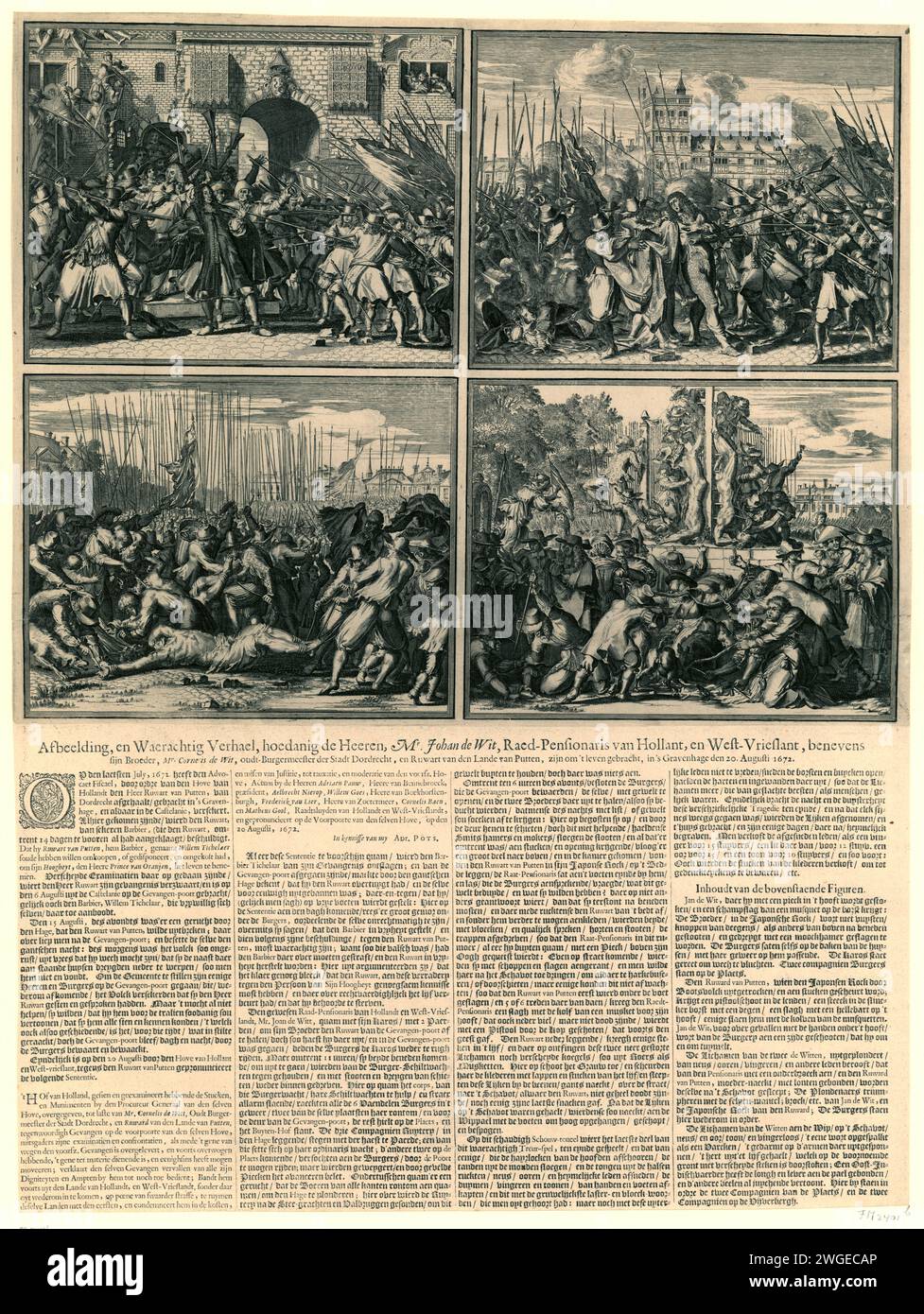 Meurtre des frères de Witt, 1672, Romeyn de Hooghe (attribué à), d'après Romeyn de Hooghe, 1672 estampe feuille avec quatre représentations et descriptions du meurtre des frères de Witt à la Haye le 20 août 1672. Au-dessus de la capture et des meurtres, les corps sont traînés et mutilés jusqu'à l'échafaudage. Sous les représentations une description des événements en néerlandais environ quatre colonnes et une description du contenu des représentations ci-dessus. Gravure sur papier du nord des pays-Bas / impression typographique mort violente, être tué ; être mal manipulé et maltraité ; chercher la mort (+ mort par lyn Banque D'Images