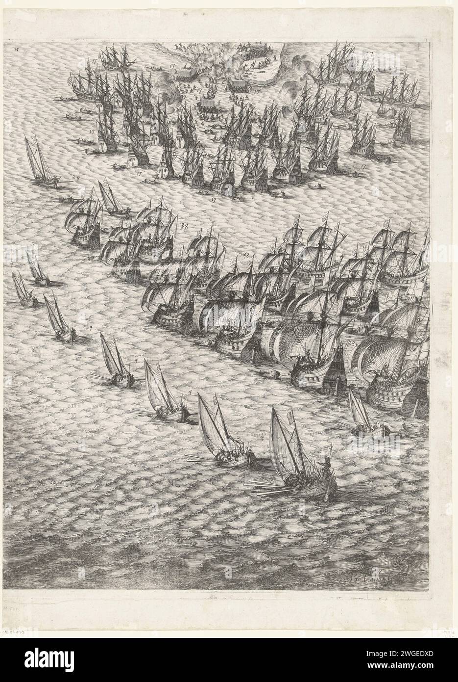 Siège de Saint Martin sur l'Île de Ré, juillet-novembre 1627 (carte centrale, partie en bas à droite), Jacques Callot, 1629 - 1631 imprimer seizième partie (carte centrale, partie en bas à droite) d'une estampe du siège de la Citadelle Saint Martin sur l'Île de Ré en 1627, qui a été menée par les troupes anglaises dirigées par le duc de Buckingham et a été terminée par les troupes françaises dirigées par le cardinal de Richelieu. Sur ce magazine une petite partie de la pointe ouest de l'île, où les troupes françaises débarquent de la mer. Horizontal au-dessus du magasin une flotte de navires anglais et un plus petit groupe de bateaux de ravitaillement français. Gravure sur papier Paris Banque D'Images