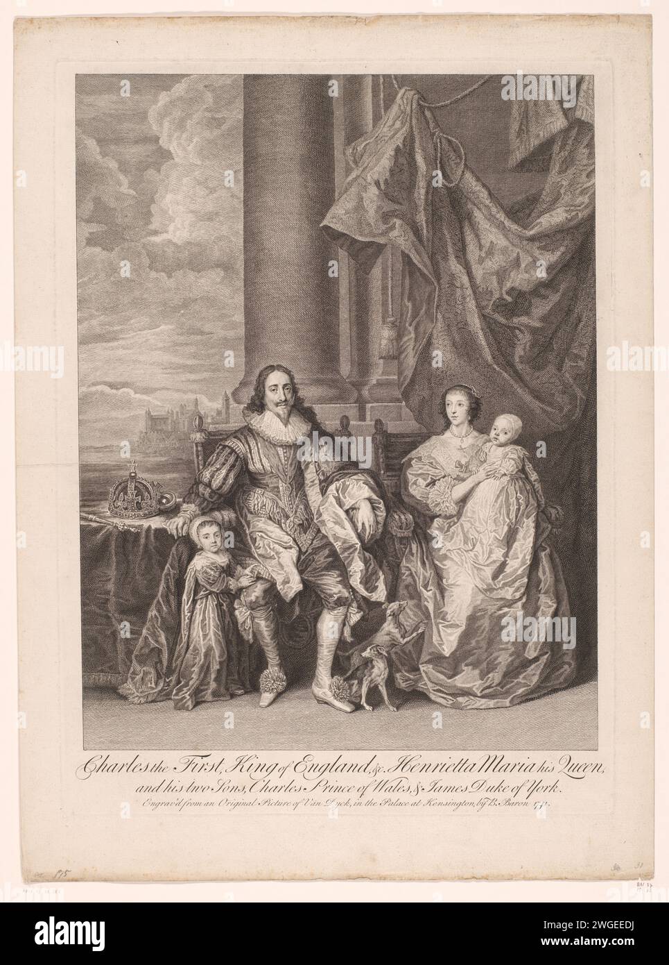 Portrait du roi Charles Ier d'Angleterre et de la reine Henriëtta Maria de France avec leurs fils Charles et James, Bernard Baron, d'après Anthony Van Dyck, 1741 estampe Kensington (peut-être) gravure sur papier de personnages historiques. Personnes historiques - BB - femme. souverain, souverain. Rule, Sovereign - BB - règle féminine. parents (relations familiales au premier degré) Banque D'Images
