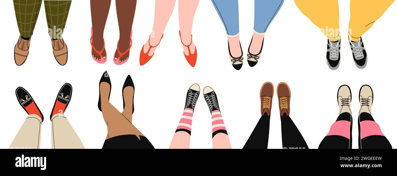 Vue de dessus jambes chaussures. Dessins animés hommes et femmes jambes dans des chaussures modernes de différents types, pompes, mocassins, bottes et baskets, homme et femme Illustration de Vecteur