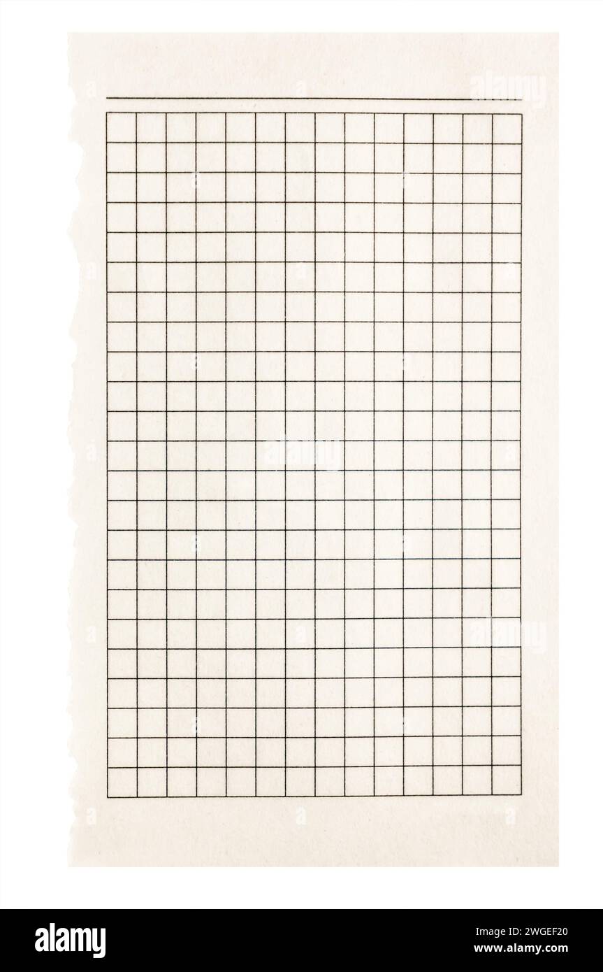 Feuille de papier à carreaux blanc arrachée d'un cahier, isolée. Section détachée du papier quadrillé. Banque D'Images