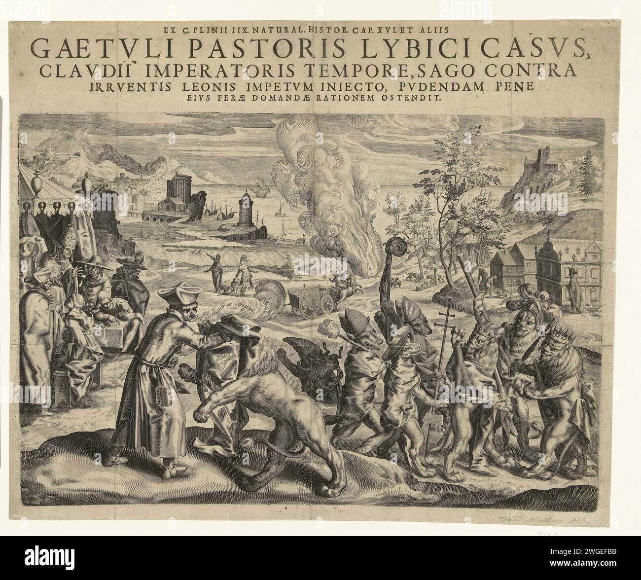 Allégorie avec un lion trompé par l'Église catholique, ca. 1607, 1600 - 1610 imprimer allégorie avec un lion trompé par l'Église catholique, ca. 1607. Un jésuite a déposé une toile (Falsa Persuasio) sur la tête d'un lion. A droite, un groupe de renards ou de loups habillés en catholiques en trois lions royaux. Sur la gauche le pape avec d'autres clercs pour une tente. En arrière-plan un paysage côtier avec différents éléments symboliques marqués de chiffres, mais il n'y a pas d'explication. Le titre une référence à C. Pline Secundus, Naturalis Historiae imprimé séparément au-dessus de la planche. Il n'est pas clair si cela fonctionne Banque D'Images