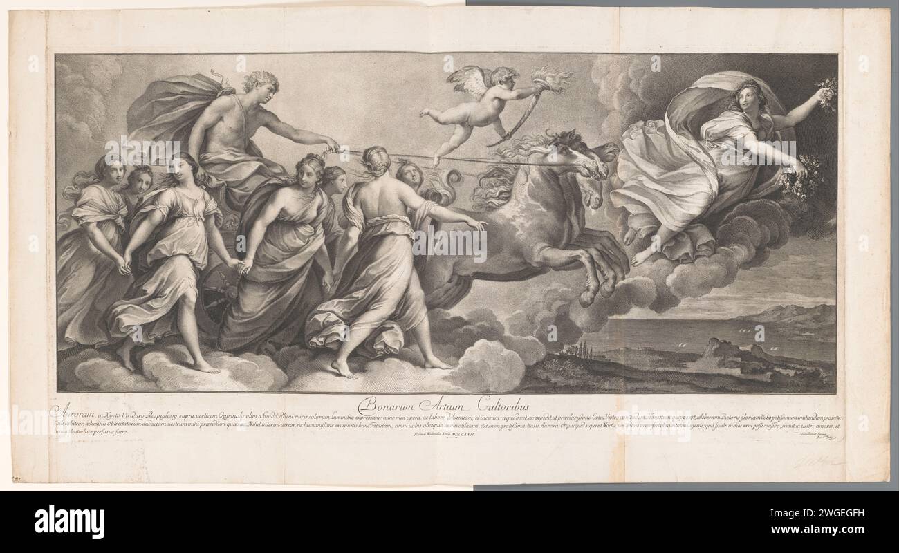 Apollo sur la voiture solaire précédée par Aurora, Jakob Frey (I), d'après Guido Reni, 1722 imprimer Imprimer : Romeafter peinture par : Palazzo Pallavicini Rospigliosi papier gravure / gravure (histoire de) Apollo (Phoebus). (Histoire de) Aurora (EOS) ; 'Aurora' (Ripa) Banque D'Images